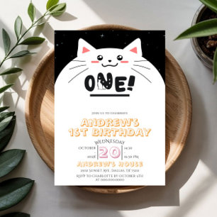 Convite Moldura de Gato Fofo Estrelas Brilhantes 1º Aniver
