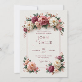 Convite Moldura de Jardim de Peônia Bege Burgundy Casament