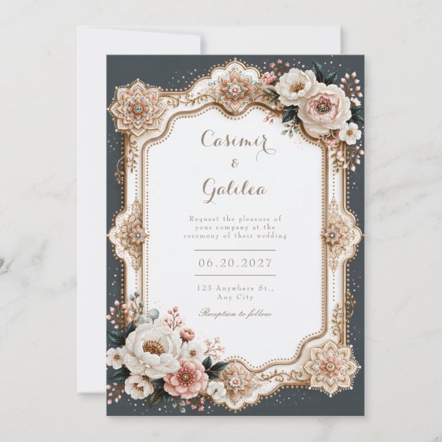 Convite Moldura de Mandala Marfim Rosado Casamento (Frente)