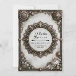 Convite Moldura de Mandala Ornata de Prata Antiga Casament