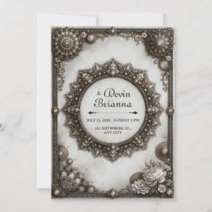 Convite Moldura de Mandala Ornata de Prata Antiga Casament