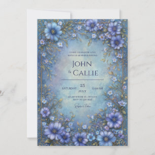 Convite Moldura de Noiva com Flor Ornamental Azul Azure
