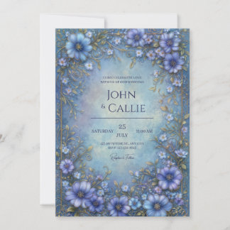 Convite Moldura de Noiva com Flor Ornamental Azul Azure