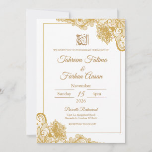 Convite Moldura de Ouro Branco Renda Casamento Islâmico Mu