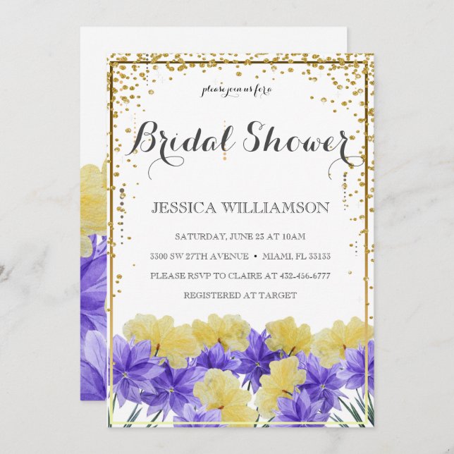 Convite Moldura de ouro de Flor Selvagem Elegante, Chá de  (Frente/Verso)