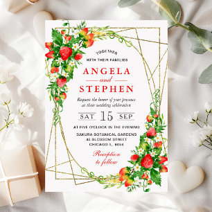 Convite Moldura de Ouro Morangos Florais Aquarela Casament