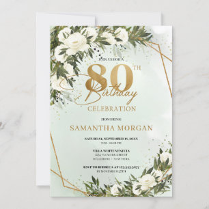Convite Moldura de ouro verde rosa branca 80 aniversário