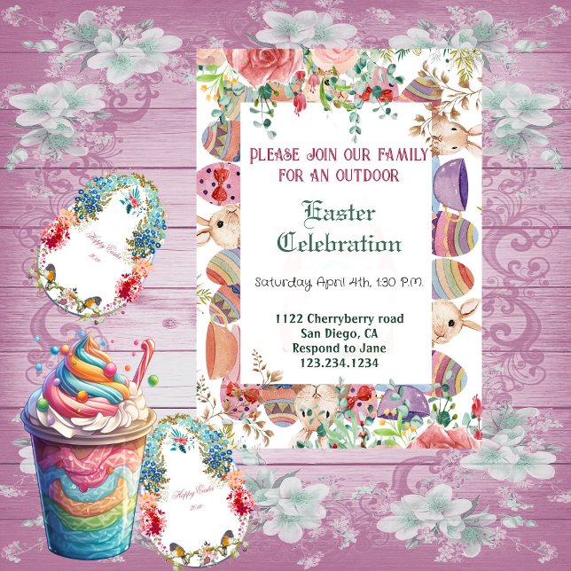 Convite Moldura de Ovos de Páscoa com Coelhinho Floral de  (Watercolor Greenery Floral Bunny Easter Eggs Frame Invitation)