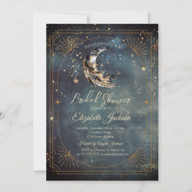 Convite Moldura de Pena da Lua Celestial Chuveiro Nupcial (Frente)