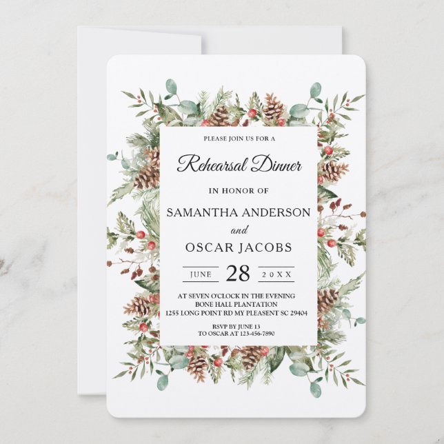 Convite Moldura de Pinha Verde Inverno Kraft (Frente)