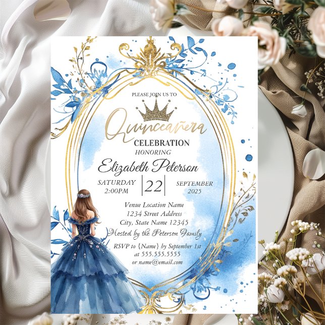 Convite Moldura de Princesa de Vestido Azul Dourado (Criador carregado)