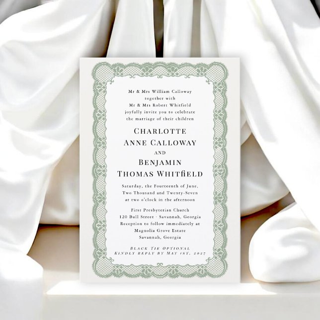 Convite Moldura de Renda Verde Salvia Casamento Tradiciona (Criador carregado)