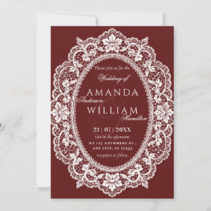 Convite Moldura de Renda Vintage Casamento Borgonha