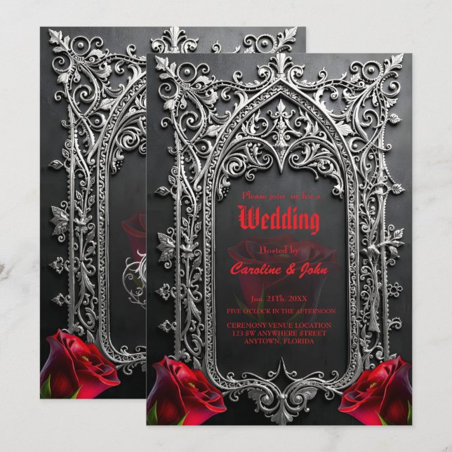 Convite Moldura de Rosa de Casamento Gótico Elegante (Frente/Verso)