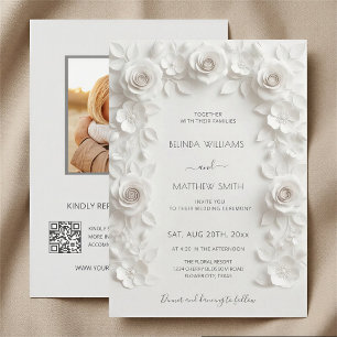 Convite Moldura de Rosas 3D Brancas Casamento Minimalista