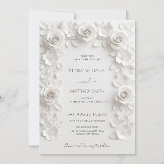 Convite Moldura de Rosas 3D Brancas Casamento Simples (Frente)