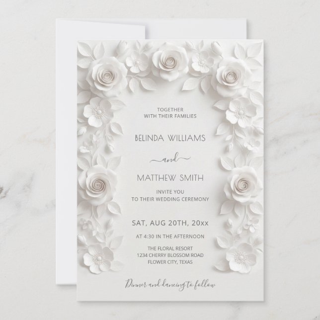 Convite Moldura de Rosas 3D Brancas Casamento Simples (Frente)