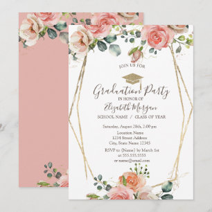 Convite Moldura de Rosas Coradas, Tampa de Gradução, Gradu
