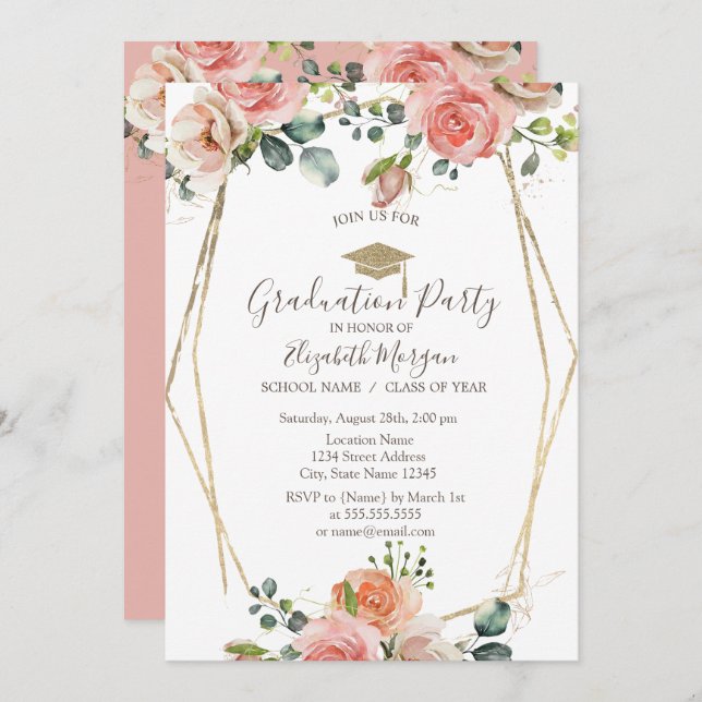 Convite Moldura de Rosas de Blush,Boné de Formando,Graduaç (Frente/Verso)