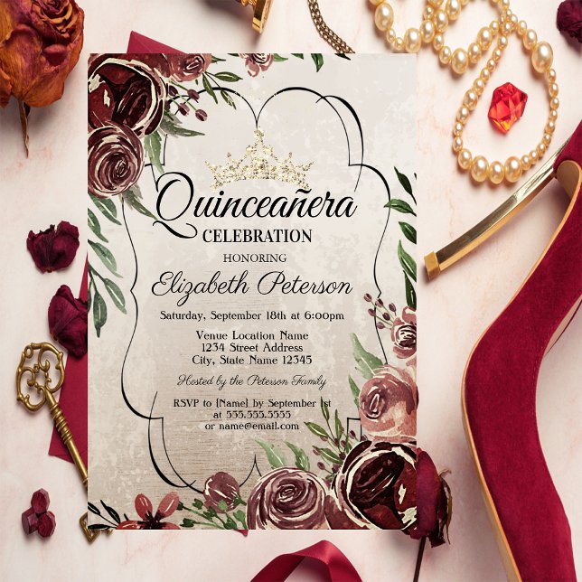 Convite Moldura de Rosas Vermelhas Quinceañera (Criador carregado)