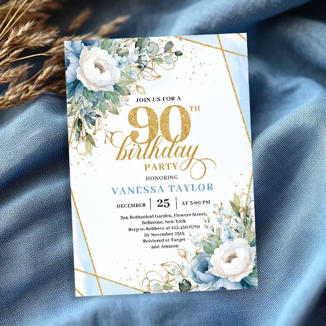 Convite Moldura de script dourado azul empoeirado moderna  (Dusty blue gold script frame modern 90th birthday invite)