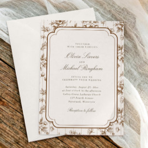 Convite Moldura de Toile Francês Casamento Creme Marrom Vi