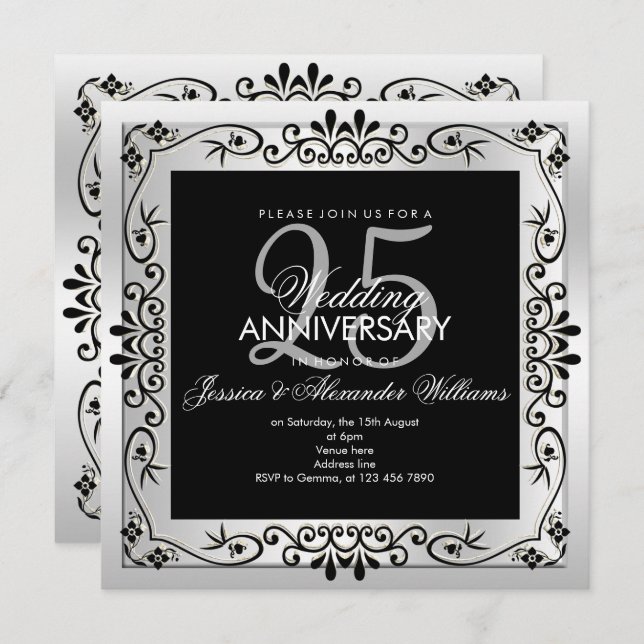 Convite Moldura Decorativa Prata Chic de 25º Aniversário (Frente/Verso)