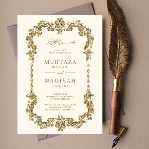 Convite Moldura Dourada Antiga Creme e Dourado Casamento M