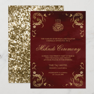 Convite Moldura Dourada Antiga Vermelho Borgonha Mehndi Is