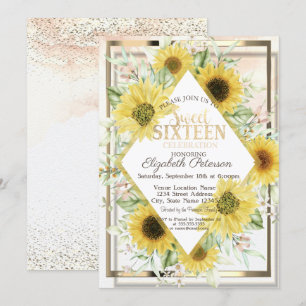 Convite Moldura Dourada Aquarela Girassóis Sweet 16