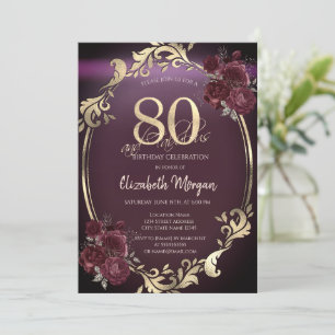 Convite Moldura Dourada Chic Rosas Bordeaux Aniversário de