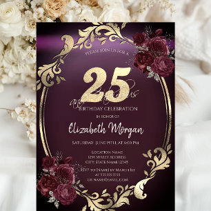 Convite Moldura Dourada Chic Rosas Bordeaux Aniversário de