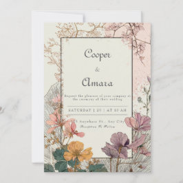 Convite Moldura Dourada com Flor Prensada Bohemiana Casame