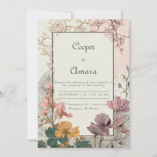 Convite Moldura Dourada com Flor Prensada Bohemiana Casame