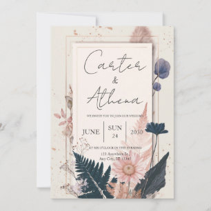 Convite Moldura Dourada com Flores Secas Boho Casamento