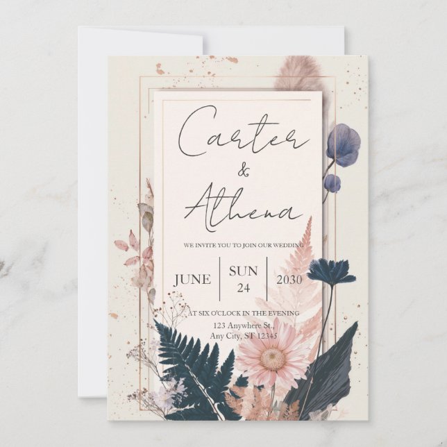 Convite Moldura Dourada com Flores Secas Boho Casamento (Frente)