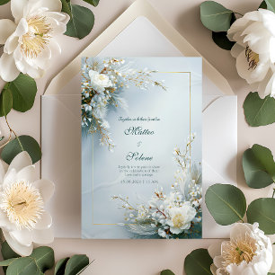 Convite Moldura Dourada com Pena Floral Branca Elegante Ca