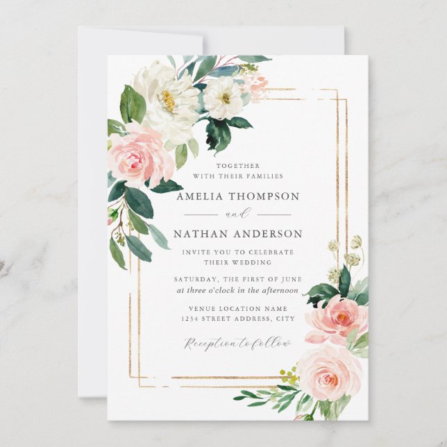 Convite Moldura Dourada com Rubor Floral Casamento (Frente)