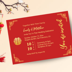 Convite Moldura dourada de casamento chinês círculo duplo