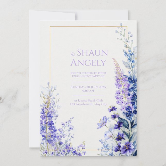 Convite Moldura Dourada de Casamento com Aquarela Violeta  (Frente)