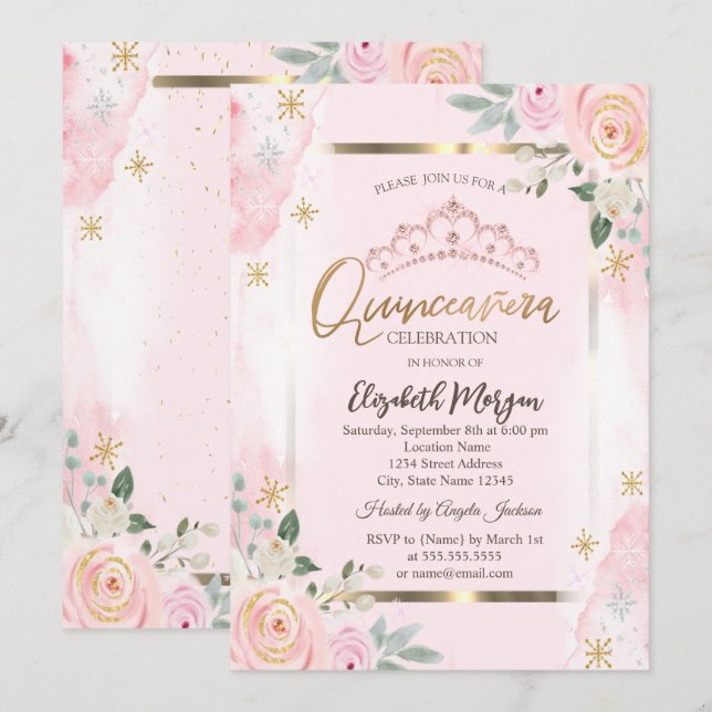 Convite Moldura Dourada de Flores Rosas de Quinceañera (Frente/Verso)