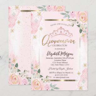 Convite Moldura Dourada de Flores Rosas de Quinceañera