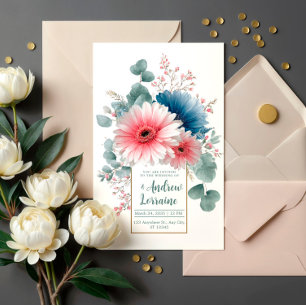 Convite Moldura Dourada de Gerbera Daisy Rosa Azul Poeiren