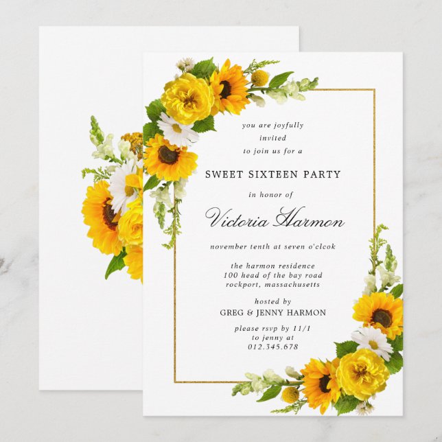 Convite Moldura Dourada de girassol Festa 16 Doce (Frente/Verso)
