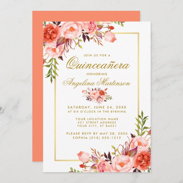 Convite Moldura Dourada de Quinceanera Coral Aquarela (Frente/Verso)