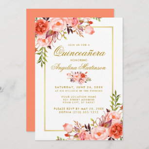 Convite Moldura Dourada de Quinceanera Coral Aquarela