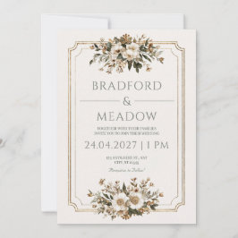 Convite Moldura Dourada Elegante Floral de Marfim Casament