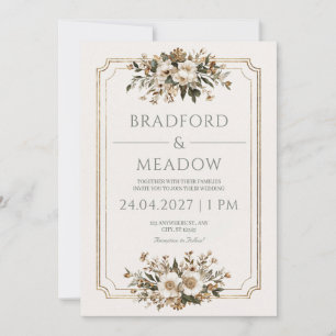 Convite Moldura Dourada Elegante Floral de Marfim Casament