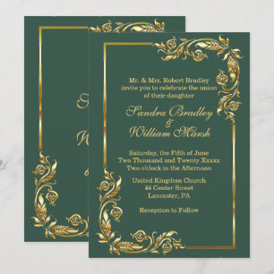 Convite Moldura Dourada Elegante Verde Floresta c/ Impress