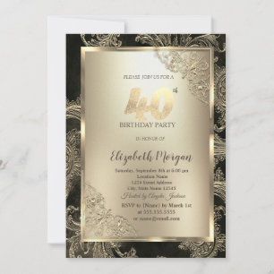Convite Moldura Dourada Festiva, Damasco Floral 40º Aniver